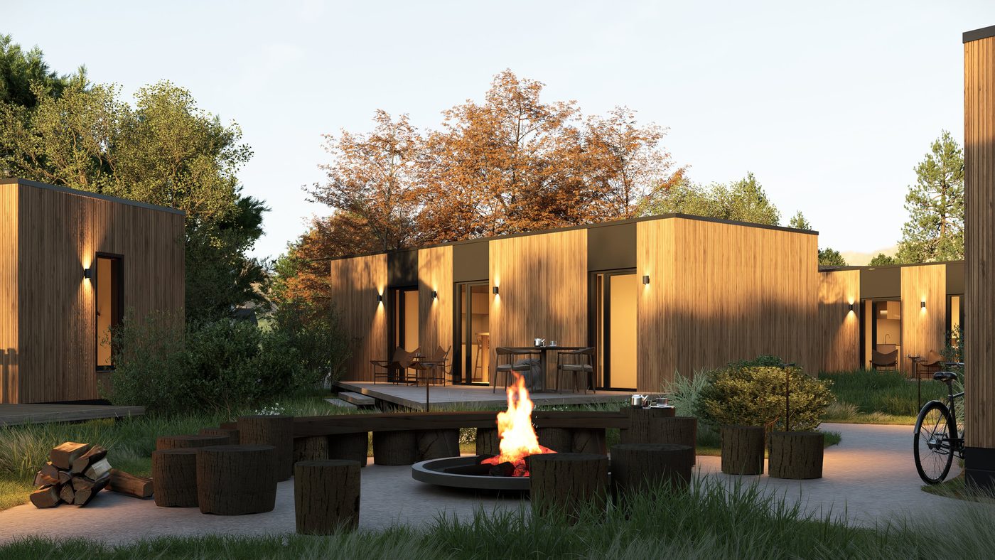 Woodbox cabin met fire pit